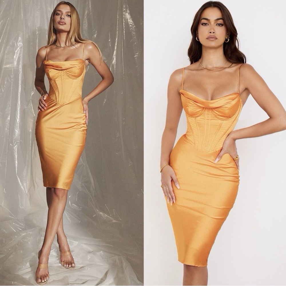 NWT House of CB Myrna Tangerine Satin Corset Midi Dress